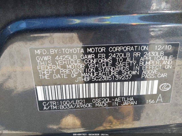 Aukcja sprzedaży 2011 Lexus Is 250, vin: JTHBF5C23B5139237, numer aukcji: 45917821