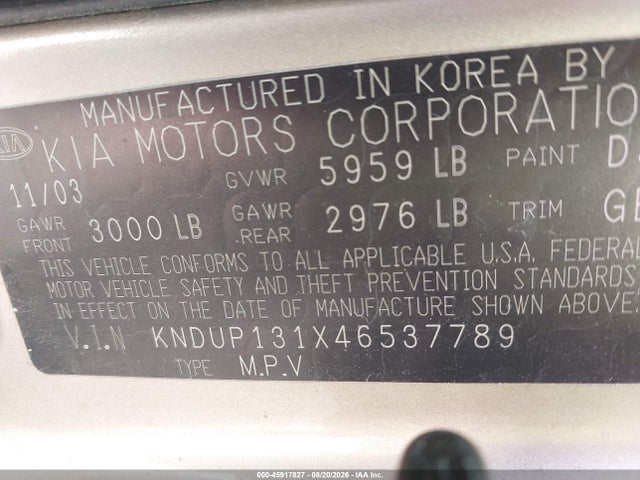 2004 Kia Sedona Ex/lx მანქანა იყიდება აუქციონზე, vin: KNDUP131X46537789, აუქციონის ნომერი: 45917827