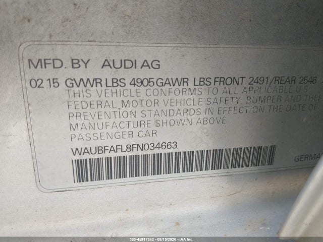 Aukcja sprzedaży 2015 Audi A4 2.0t Premium, vin: WAUBFAFL8FN034663, numer aukcji: 45917842