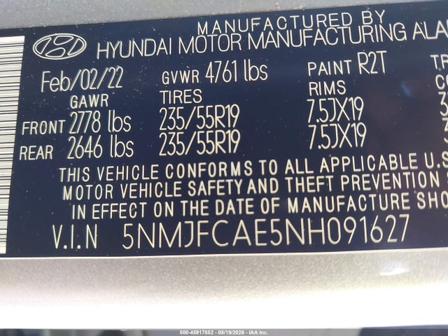 Aukcja sprzedaży 2022 Hyundai Tucson Sel, vin: 5NMJFCAE5NH091627, numer aukcji: 45917852