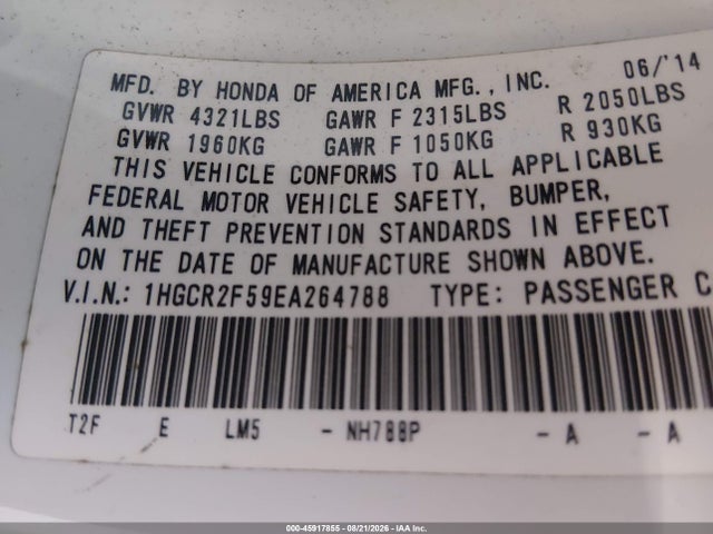 2014 Honda Accord Sport მანქანა იყიდება აუქციონზე, vin: 1HGCR2F59EA264788, აუქციონის ნომერი: 45917855
