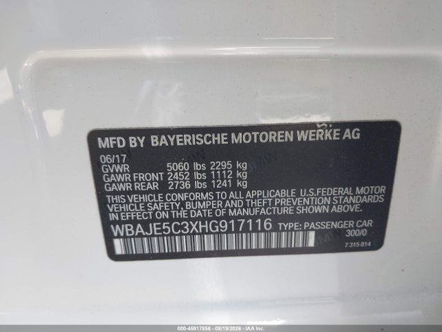 Продаж на аукціоні авто 2017 Bmw 540i, vin: WBAJE5C3XHG917116, номер лоту: 45917856