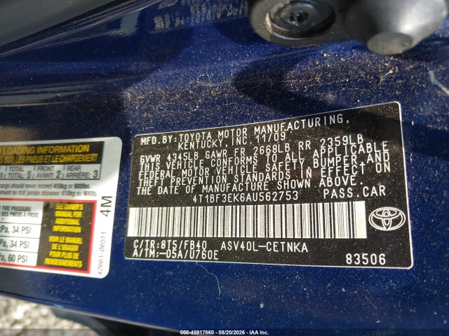 2010 Toyota Camry Le მანქანა იყიდება აუქციონზე, vin: 4T1BF3EK6AU562753, აუქციონის ნომერი: 45917860