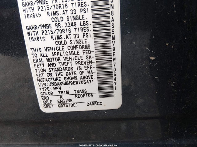 45917873 :رقم المزاد ، JN8AS5MV9EW705471 vin ، 2014 Nissan Rogue Select S مزاد بيع