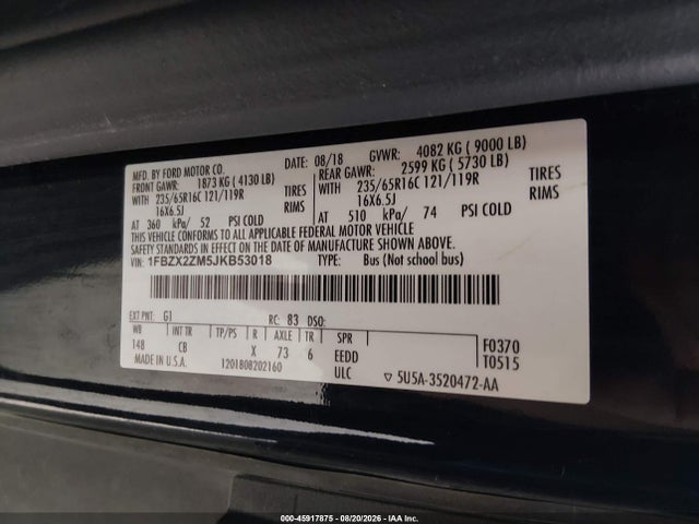 Продаж на аукціоні авто 2018 Ford Transit-350 Xl, vin: 1FBZX2ZM5JKB53018, номер лоту: 45917875