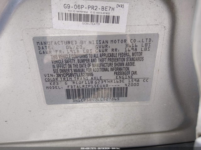 Продаж на аукціоні авто 2020 Nissan Kicks S Xtronic Cvt, vin: 3N1CP5BV7LL527865, номер лоту: 45917876