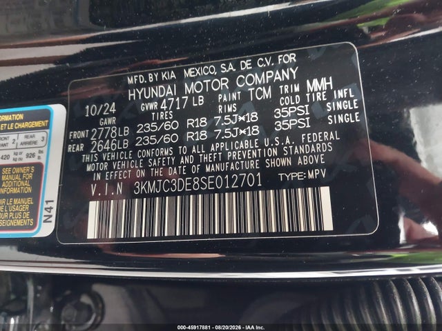 Aukcja sprzedaży 2025 Hyundai Tucson Sel Convenience, vin: 3KMJC3DE8SE012701, numer aukcji: 45917881