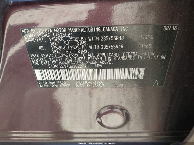2016 Toyota Rav4 Se მანქანა იყიდება აუქციონზე, vin: 2T3NFREV7GW302274, აუქციონის ნომერი: 45917880