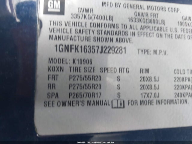 Aukcja sprzedaży 2007 Chevrolet Suburban Ltz, vin: 1GNFK16357J229281, numer aukcji: 45917882
