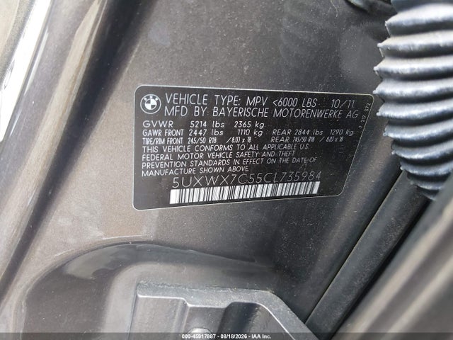Aukcja sprzedaży 2012 Bmw X3 Xdrive35i, vin: 5UXWX7C55CL735984, numer aukcji: 45917887