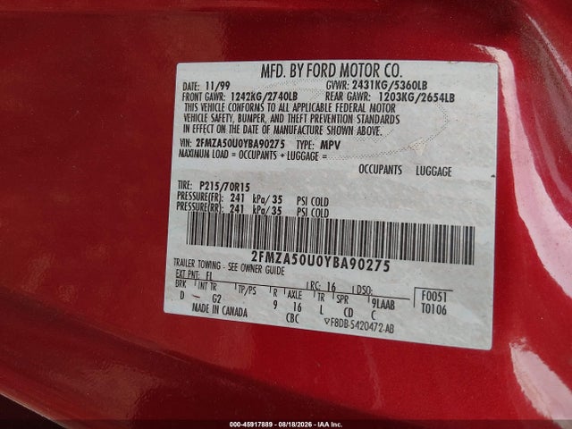 Auction sale of the 2000 Ford Windstar, vin: 2FMZA50U0YBA90275, lot number: 45917889
