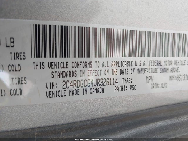 Aukcja sprzedaży 2018 Dodge Grand Caravan Sxt, vin: 2C4RDGCG4JR326114, numer aukcji: 45917894