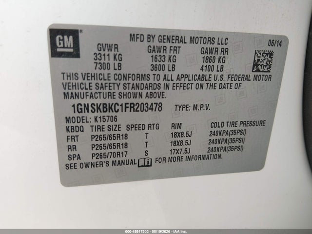 45917903 :رقم المزاد ، 1GNSKBKC1FR203478 vin ، 2015 Chevrolet Tahoe Lt مزاد بيع