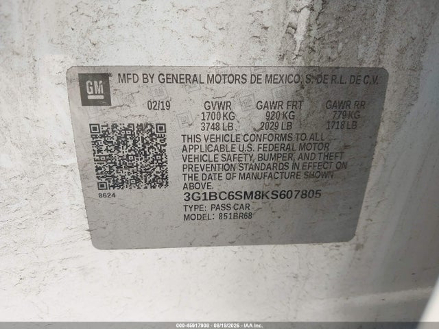 Продаж на аукціоні авто 2019 Chevrolet Cruze Ls, vin: 3G1BC6SM8KS607805, номер лоту: 45917908