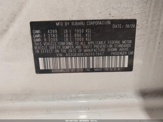 45917928 :رقم المزاد ، 4S3GKAB62M3601947 vin ، 2021 Subaru Impreza Sedan مزاد بيع