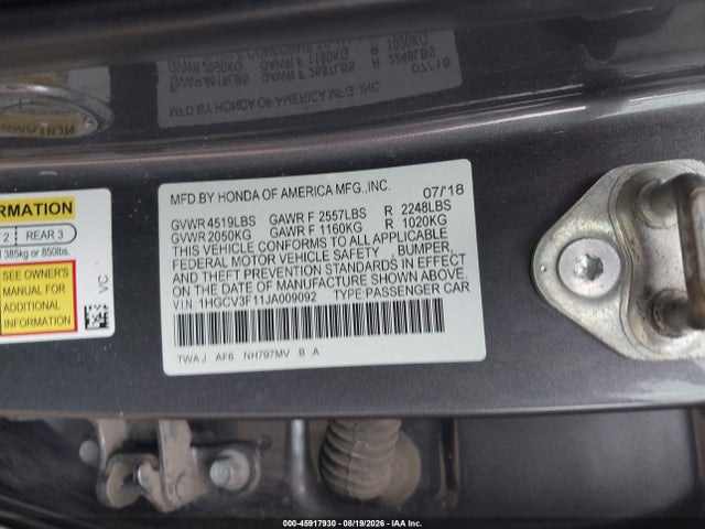 45917930 :رقم المزاد ، 1HGCV3F11JA009092 vin ، 2018 Honda Accord Hybrid مزاد بيع