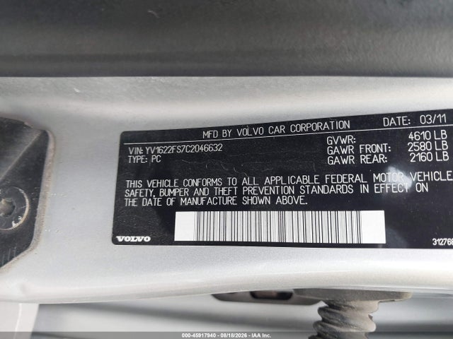 Продаж на аукціоні авто 2012 Volvo S60 T5, vin: YV1622FS7C2046632, номер лоту: 45917940