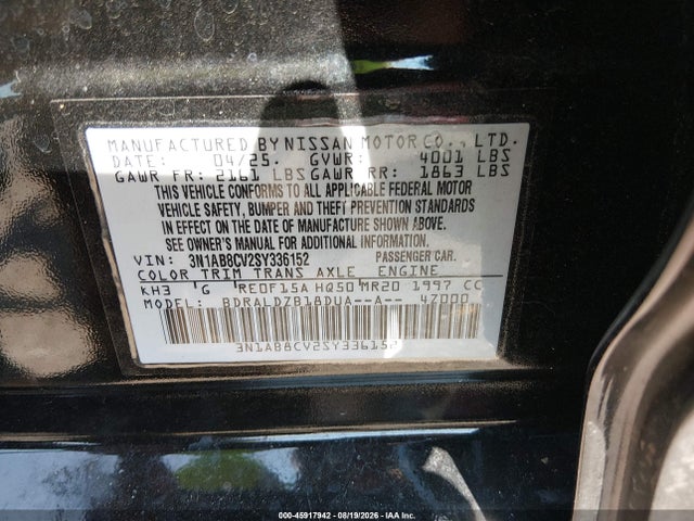 45917942 :رقم المزاد ، 3N1AB8CV2SY336152 vin ، 2025 Nissan Sentra Sv مزاد بيع