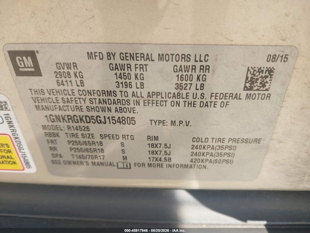 45917946 :رقم المزاد ، 1GNKRGKD5GJ154805 vin ، 2016 Chevrolet Traverse 1lt مزاد بيع
