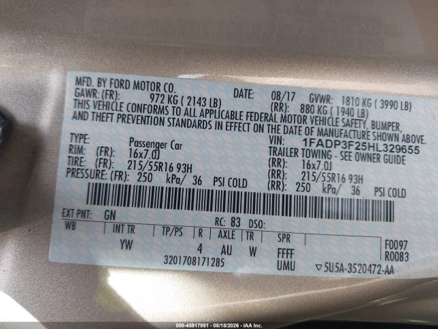 Продаж на аукціоні авто 2017 Ford Focus Se, vin: 1FADP3F25HL329655, номер лоту: 45917951