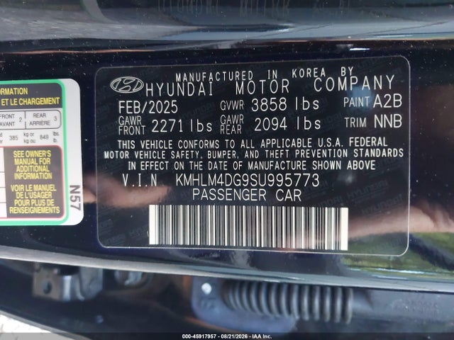 45917957 :رقم المزاد ، KMHLM4DG9SU995773 vin ، 2025 Hyundai Elantra Sel Sport مزاد بيع