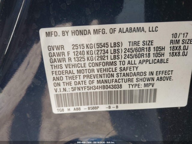 45917958 :رقم المزاد ، 5FNYF5H34HB043038 vin ، 2017 Honda Pilot Ex مزاد بيع