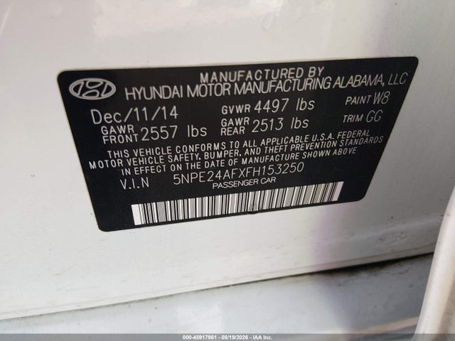 Продаж на аукціоні авто 2015 Hyundai Sonata Se, vin: 5NPE24AFXFH153250, номер лоту: 45917961