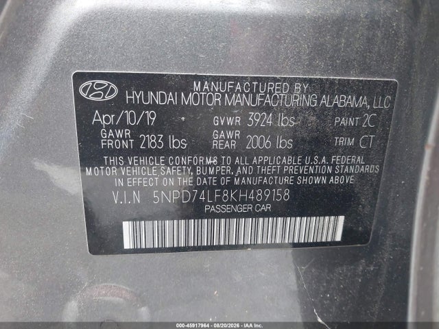 Продаж на аукціоні авто 2019 Hyundai Elantra Se, vin: 5NPD74LF8KH489158, номер лоту: 45917964