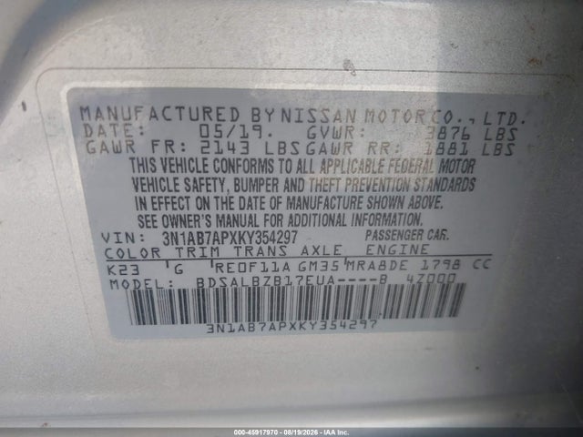 Aukcja sprzedaży 2019 Nissan Sentra S, vin: 3N1AB7APXKY354297, numer aukcji: 45917970