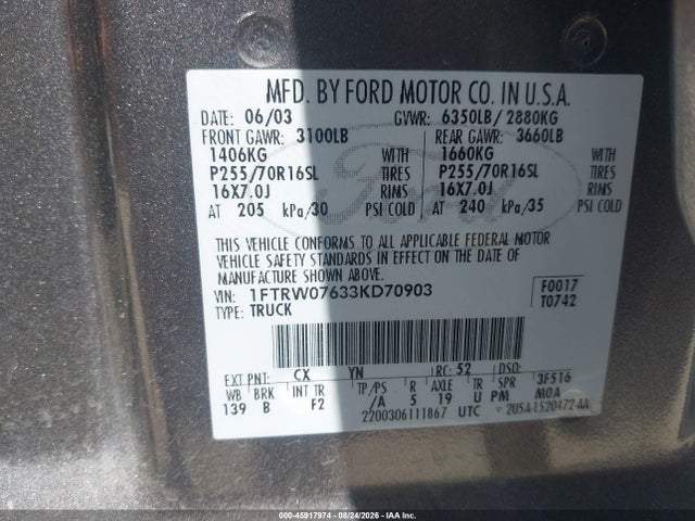 Aukcja sprzedaży 2003 Ford F-150 Lariat/xlt, vin: 1FTRW07633KD70903, numer aukcji: 45917974