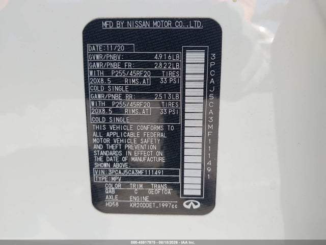 Aukcja sprzedaży 2021 Infiniti Qx50 Sensory, vin: 3PCAJ5CA3MF111491, numer aukcji: 45917975