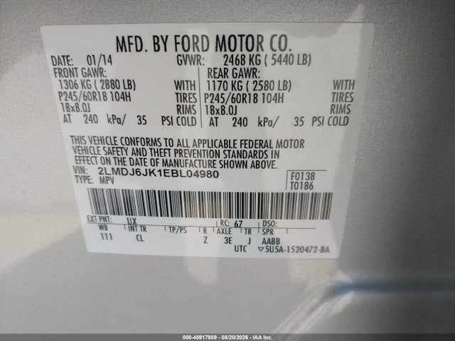 Продажа на аукционе авто 2014 Lincoln Mkx, vin: 2LMDJ6JK1EBL04980, номер лота: 45917989