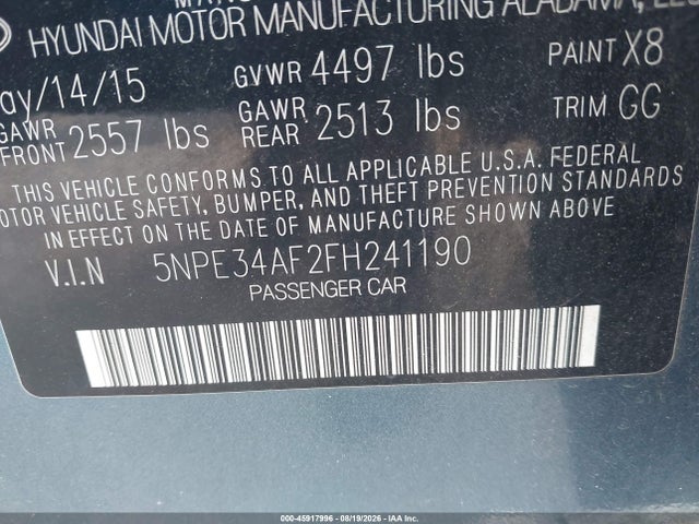 2015 Hyundai Sonata Sport მანქანა იყიდება აუქციონზე, vin: 5NPE34AF2FH241190, აუქციონის ნომერი: 45917996