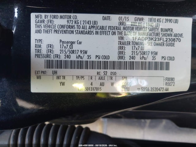 Продажа на аукционе авто 2015 Ford Focus Se, vin: 1FADP3K23FL230870, номер лота: 45918000