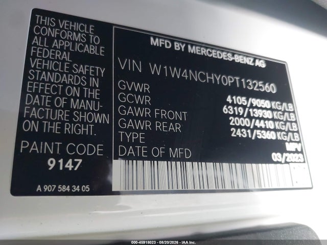 Продажа на аукционе авто 2023 Mercedes-benz Sprinter 2500 High Roof 4-cyl Diesel Ho, vin: W1W4NCHY0PT132560, номер лота: 45918023