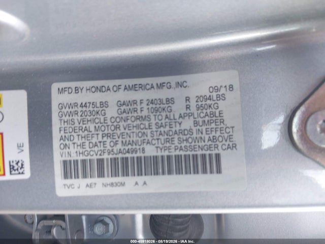 Aukcja sprzedaży 2018 Honda Accord Touring 2.0t, vin: 1HGCV2F95JA049918, numer aukcji: 45918026
