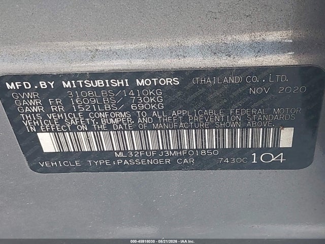 45918030 :رقم المزاد ، ML32FUFJ3MHF01850 vin ، 2021 Mitsubishi Mirage G4 Carbonite Edition/es/le مزاد بيع