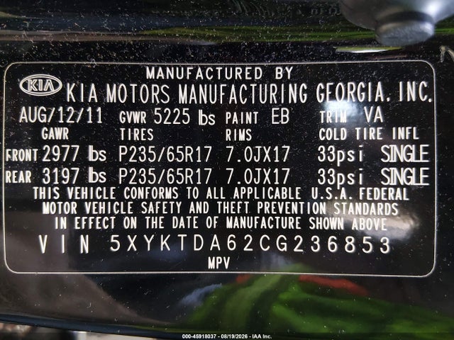 Aukcja sprzedaży 2012 Kia Sorento Lx, vin: 5XYKTDA62CG236853, numer aukcji: 45918037