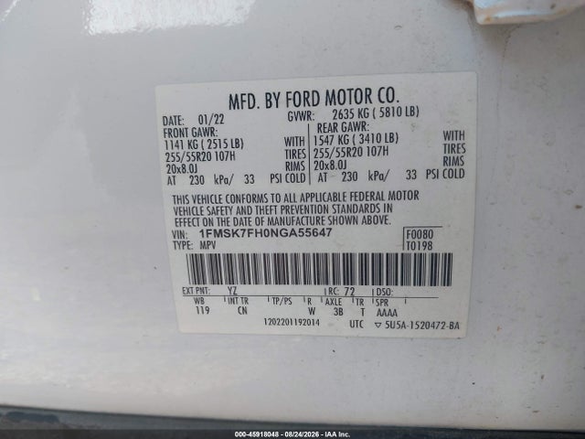 Продажа на аукционе авто 2022 Ford Explorer Limited, vin: 1FMSK7FH0NGA55647, номер лота: 45918048