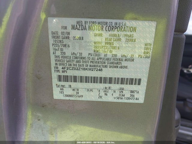 Aukcja sprzedaży 2008 Mazda Tribute, vin: 4F2CZ02Z18KM27248, numer aukcji: 45918053