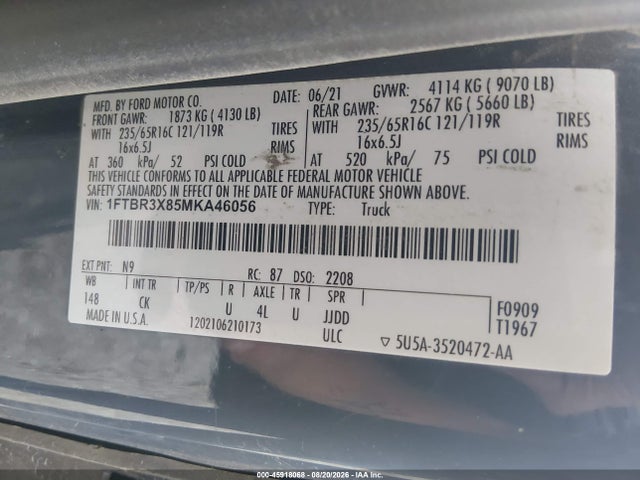 Продаж на аукціоні авто 2021 Ford Transit-250 Cargo Van, vin: 1FTBR3X85MKA46056, номер лоту: 45918068