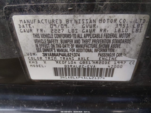 Продажа на аукционе авто 2010 Nissan Sentra 2.0, vin: 3N1AB6AP4AL621374, номер лота: 45918074
