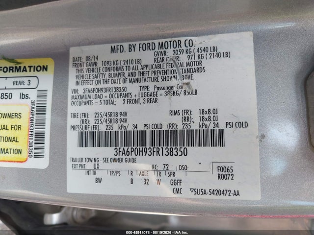 45918078 :رقم المزاد ، 3FA6P0H93FR138350 vin ، 2015 Ford Fusion Se مزاد بيع