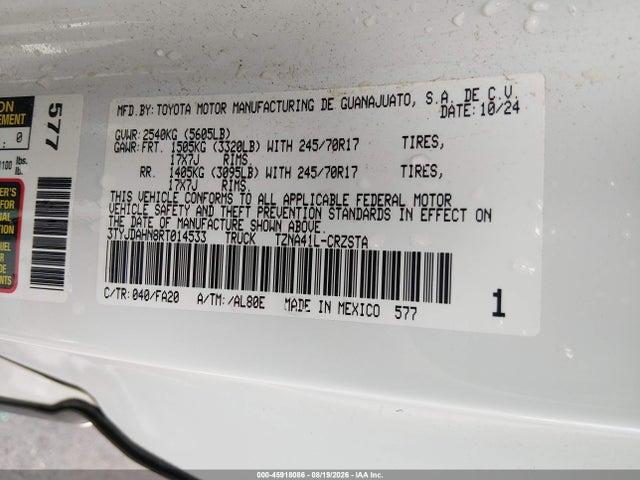 2024 Toyota Tacoma Sr მანქანა იყიდება აუქციონზე, vin: 3TYJDAHN8RT014533, აუქციონის ნომერი: 45918086
