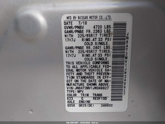 Продаж на аукціоні авто 2018 Nissan Rogue Sv, vin: JN8AT2MV1JW349927, номер лоту: 45918091