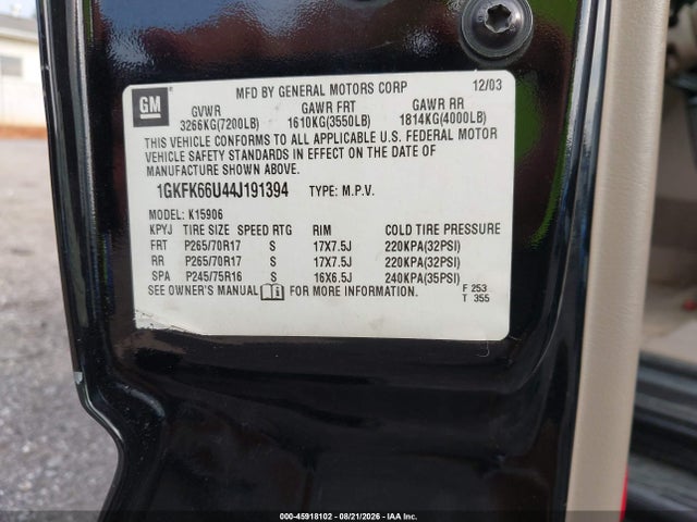 Aukcja sprzedaży 2004 Gmc Yukon Xl 1500 Denali, vin: 1GKFK66U44J191394, numer aukcji: 45918102