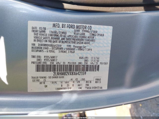 45918106 :رقم المزاد ، 2LNHM82VX8X642359 vin ، 2008 Lincoln Town Car Signature Limited مزاد بيع