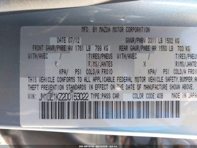 Aukcja sprzedaży 2013 Mazda Mazda2 Sport, vin: JM1DE1KZ2D0153022, numer aukcji: 45918108