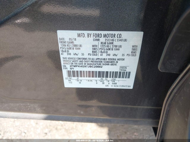 45918128 :رقم المزاد ، 2FMPK4G97JBC20882 vin ، 2018 Ford Edge Se مزاد بيع