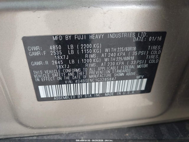 45918130 :رقم المزاد ، 4S4BSENC1G3285847 vin ، 2016 Subaru Outback 3.6r Limited مزاد بيع